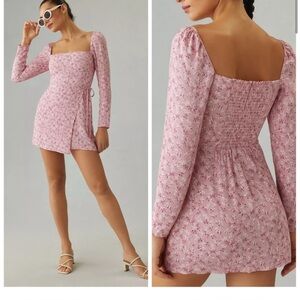Reformation Rosalie Mini Dress Long Sleeve Size 4 Smocked Back Pink Easter